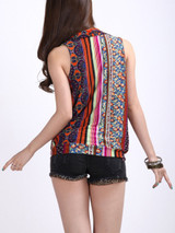 Casual V-Neck Tribal Printed Vertical Striped Sleeveless T-Shirt