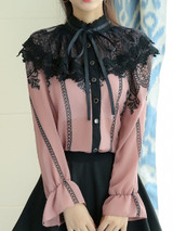 Casual Band Collar Bowknot Decorative Lace Blouse
