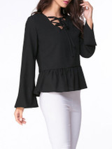 Casual V-Neck Lace-Up Ruffled Hem Bell Sleeve Blouse