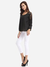 Casual Scoop Neck Dacron Lace Patchwork Plain Blouse