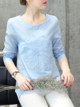 Casual Round Neck Asymmetric Hem Patch Plain Blouse