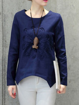 Casual Round Neck Asymmetric Hem Patch Plain Blouse