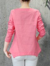 Casual Round Neck Asymmetric Hem Patch Plain Blouse