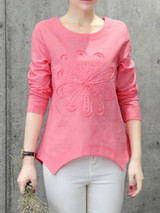 Casual Round Neck Asymmetric Hem Patch Plain Blouse