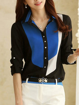 Casual Color Block Roll-Up Sleeve Blouse