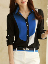 Casual Color Block Roll-Up Sleeve Blouse