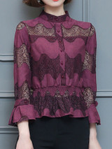 Casual Band Collar Elastic Waist Hollow Out Plain Blouse Casual Band Collar Elastic Waist Hollow Out Plain Blouse