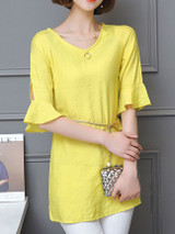 Casual Round Neck Plain Bell Sleeve Longline Blouse