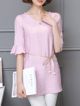 Casual Round Neck Plain Bell Sleeve Longline Blouse