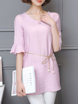 Casual Round Neck Plain Bell Sleeve Longline Blouse