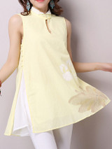 Casual Band Collar Keyhole Printed Longline Blouse