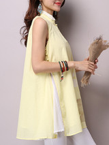 Casual Band Collar Keyhole Printed Longline Blouse
