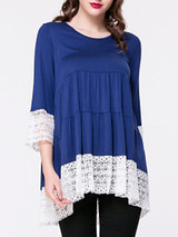 Casual Round Neck Lace Patchwork Blouse