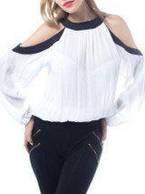 Casual Open Shoulder Loose Fitting Contrast Trim Blouse