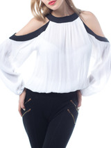 Casual Open Shoulder Loose Fitting Contrast Trim Blouse