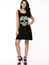 Casual Round Neck Multi-Color Skull Printed Sleeveless Shift Dress