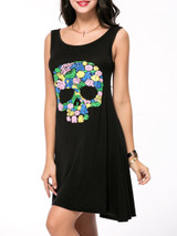 Casual Round Neck Multi-Color Skull Printed Sleeveless Shift Dress
