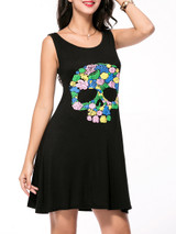 Casual Round Neck Multi-Color Skull Printed Sleeveless Shift Dress