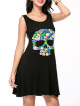 Casual Round Neck Multi-Color Skull Printed Sleeveless Shift Dress