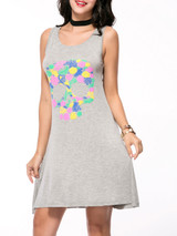Casual Round Neck Multi-Color Skull Printed Sleeveless Shift Dress
