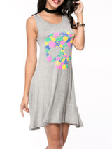 Casual Round Neck Multi-Color Skull Printed Sleeveless Shift Dress