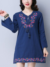 Casual Round Neck Embroidery Blend Shift Dress