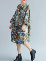 Casual Round Neck Printed Cotton/Linen Shift Dress