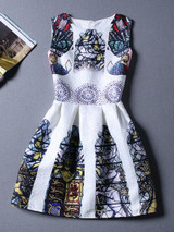 Casual Round Neck Unique Printed Sleeveless Skater Dress