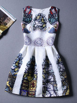 Casual Round Neck Unique Printed Sleeveless Skater Dress