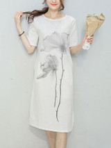 Casual Round Neck Printed Cotton/Linen Shift Dress With Short Sleeve