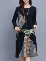 Casual Round Neck Distinctive Printed Shift Dress