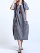 Casual Round Neck Plain Pocket Midi Shift Dress