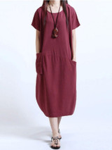 Casual Round Neck Plain Pocket Midi Shift Dress