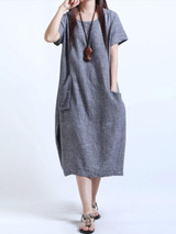 Casual Round Neck Plain Pocket Midi Shift Dress