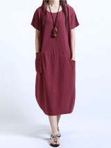Casual Round Neck Plain Pocket Midi Shift Dress