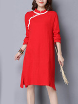 Casual Band Collar Contrast Trim Side Slit Excellent Shift Dress