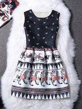 Casual Round Neck Extraordinary Printed Skater Dress