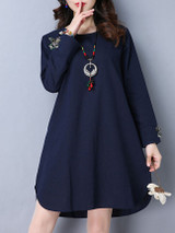 Casual Round Neck Embroidery Shift Dress