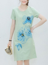 Casual Round Neck Big Floral Printed Shift Dress