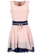 Casual Ladylike Color Block Round Neck Bowknot Chiffon Skater Dress
