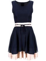 Casual Ladylike Color Block Round Neck Bowknot Chiffon Skater Dress