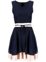 Casual Ladylike Color Block Round Neck Bowknot Chiffon Skater Dress