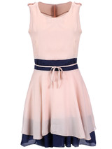 Casual Ladylike Color Block Round Neck Bowknot Chiffon Skater Dress