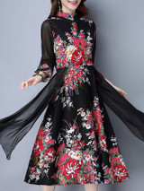 Casual Band Collar Swing Patchwork Printed Maxi Dress