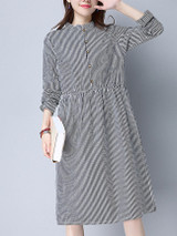 Casual Band Collar Pocket Vertical Striped Shift Dress