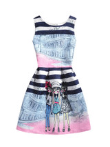 Casual Round Neck Lovely Cartoon Printed Striped Skater Dress
