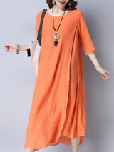 Casual Double Layer Round Neck Asymmetric Hem Plain Maxi Dress