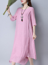 Casual Double Layer Round Neck Asymmetric Hem Plain Maxi Dress