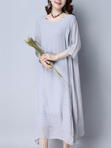 Casual Double Layer Round Neck Asymmetric Hem Plain Maxi Dress