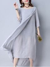 Casual Double Layer Round Neck Asymmetric Hem Plain Maxi Dress